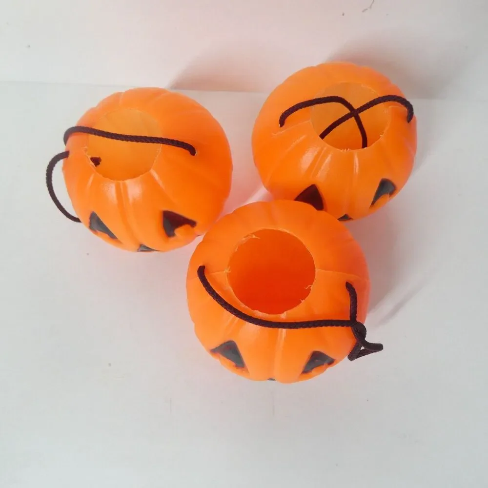 3 Mini Plastic Pumpkin Buckets Trick or Treat Halloween Jack o Lantern Blow Mold